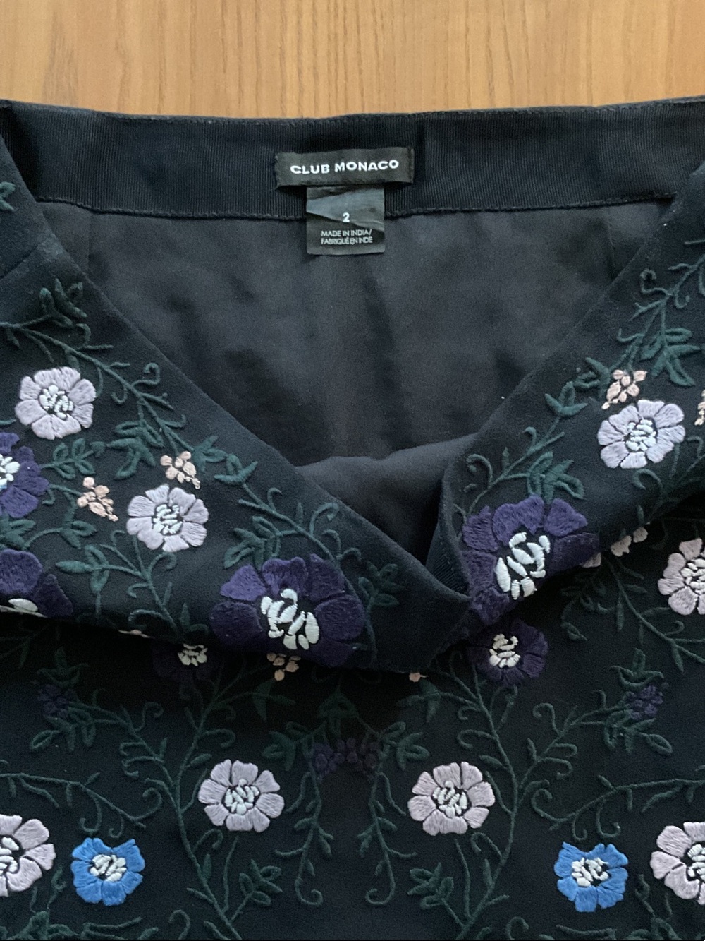 Club Monaco Black Mini Skirt with Blue, White & Lavender Floral Embroidery - Picture 2 of 4